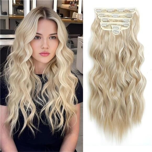 Clip in Hair Extensions for Women, Blonde Mixed Bleach Blonde